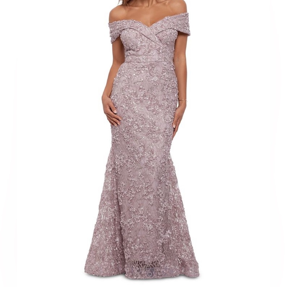 Xscape Off the Shoulder Embroidered Gown